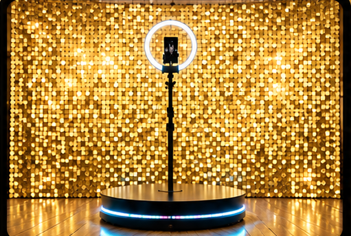 Gold shimmer wall backdrop with the 360 Evermore platform